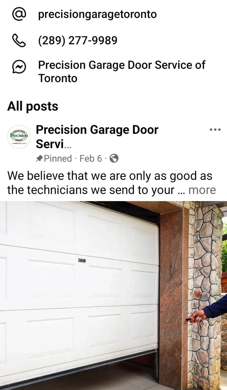 Precision Garage Door Service of Toronto business card