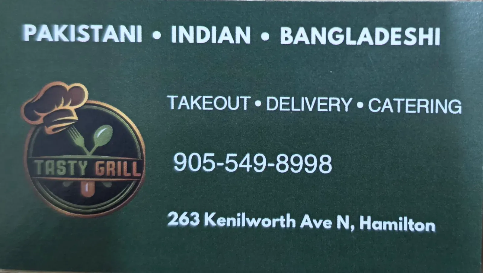 Tasty Grill business card: Take out,Delivery, Catering