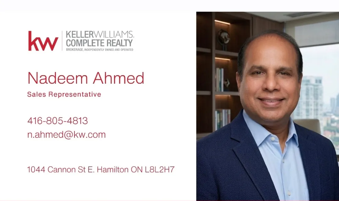Nadeem Ahmed-Realtor business card: Sales Representative of kw -KELLERWILLIAMS COMPLETE REALTY BROKERAGE, INDEPENDENTLY OWNED AND OPERATED