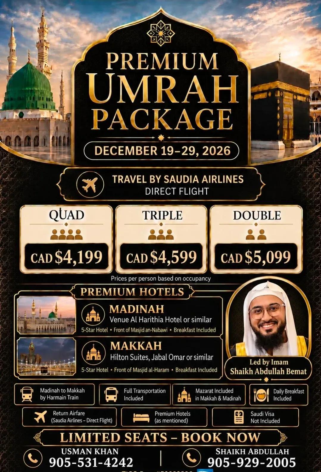 Premium Umrah Package business card: December 19-29, 2026