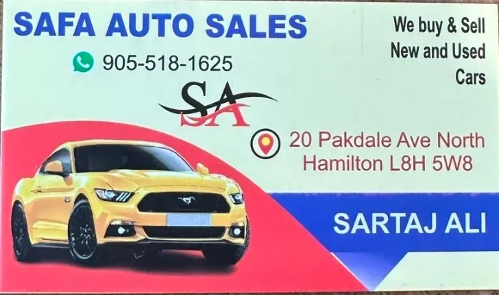 SAFA AUTO SALES business card: We buy & Sell New and Used Cars
