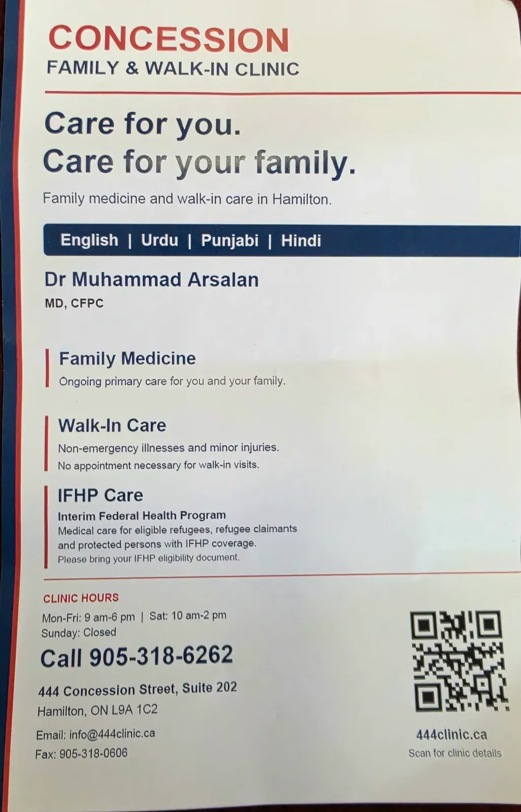 Concession Family & Walk-In Clinic business card: Care for you. Care for your family.
