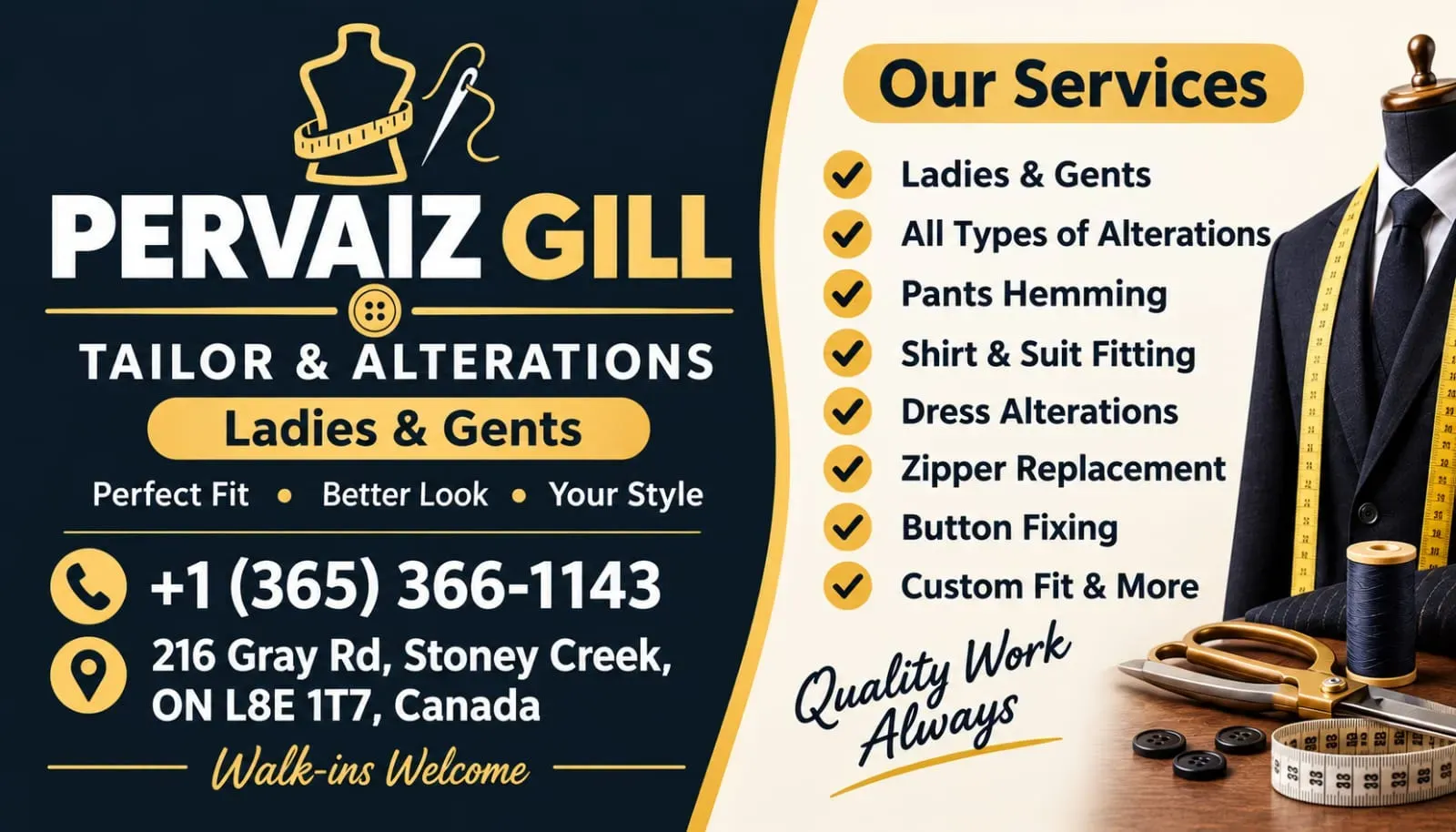 Pervaiz Gill Tailor & Alterations business card: Perfect Fit • Better Look • Your Style