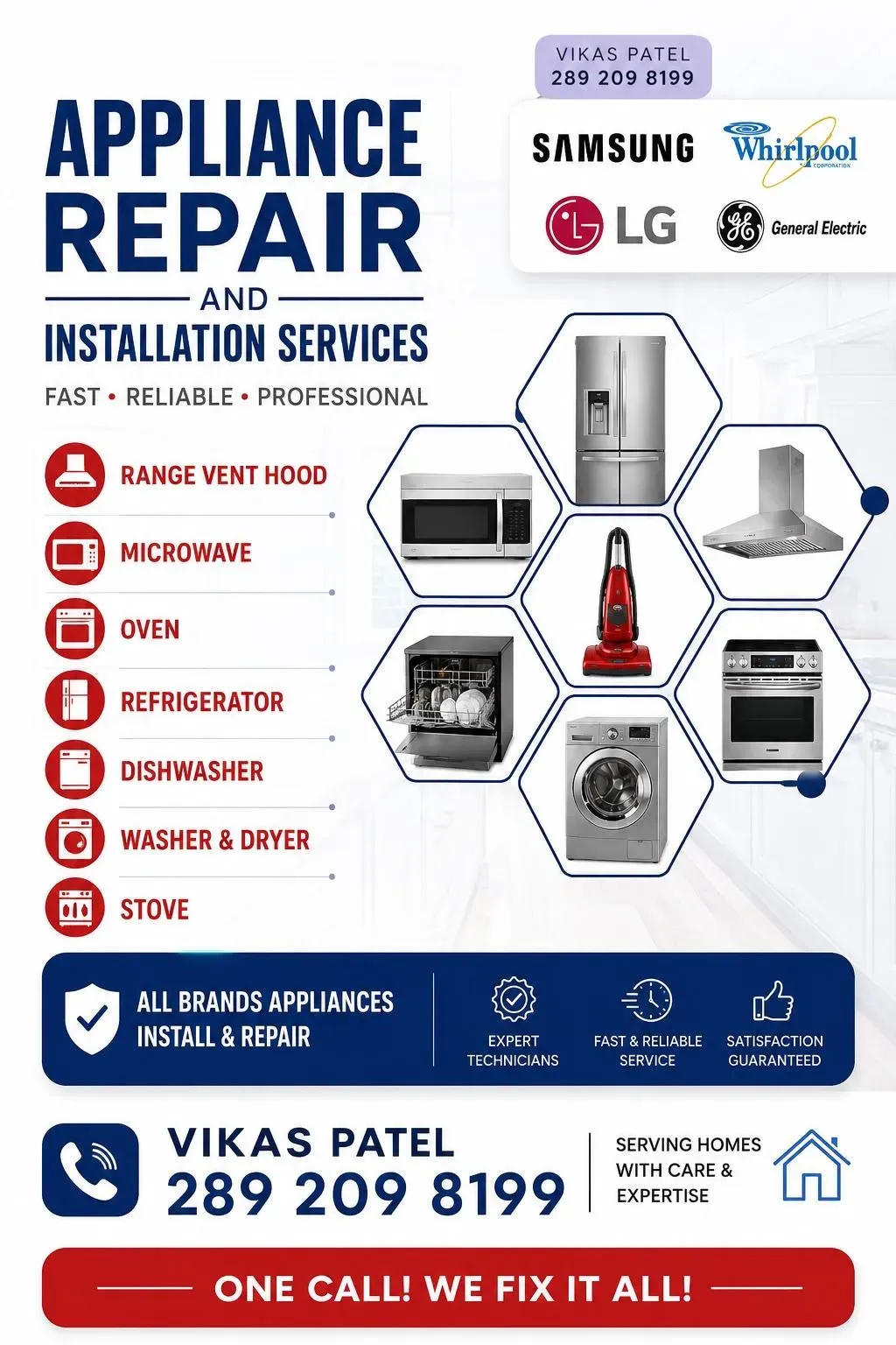 Appliance Repair and Installation Services business card: Fast, Reliable, Professional