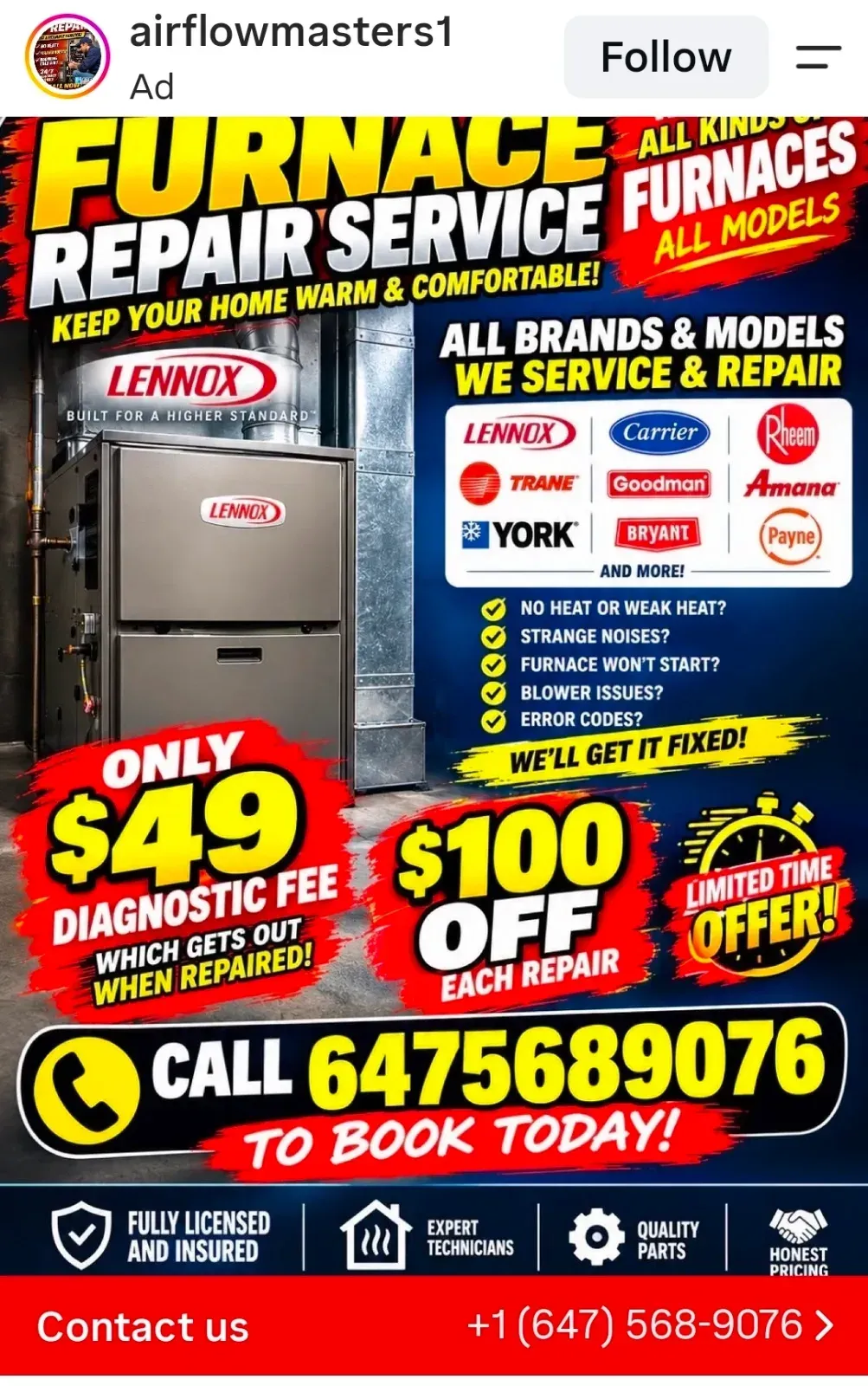 Airflow Masters business card: Furnace Repair Service - All Kinds of Furnaces, All Models