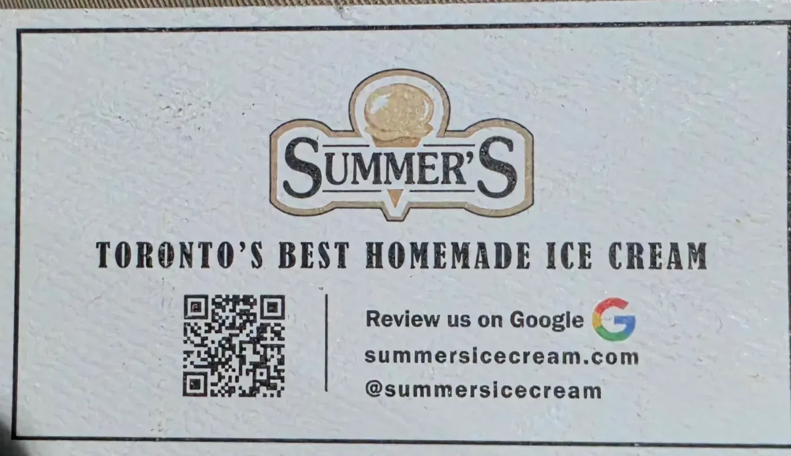 Summer's business card: Toronto's Best Homemade Ice Cream