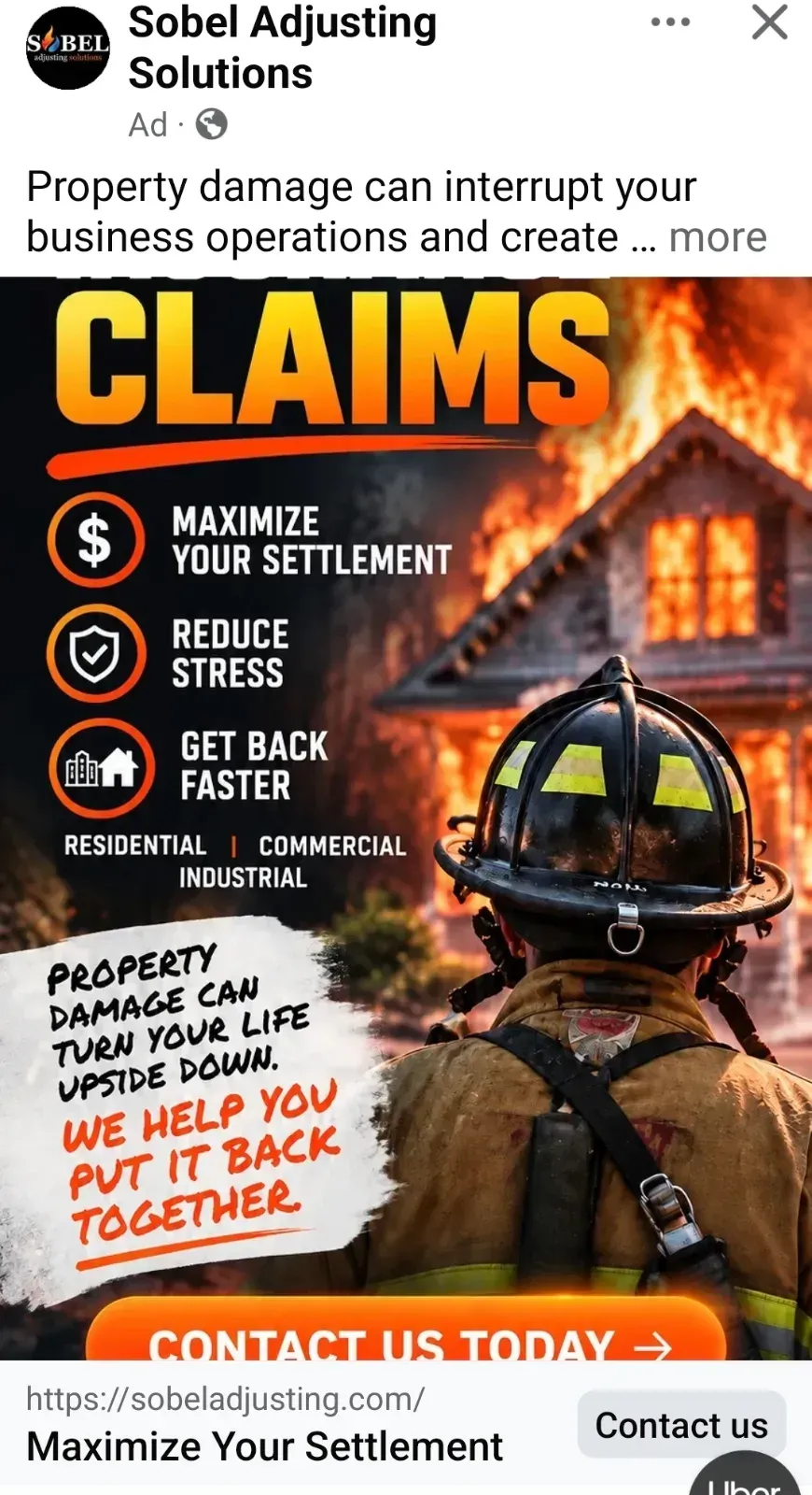 Sobel Adjusting Solutions business card: Maximize Your Settlement