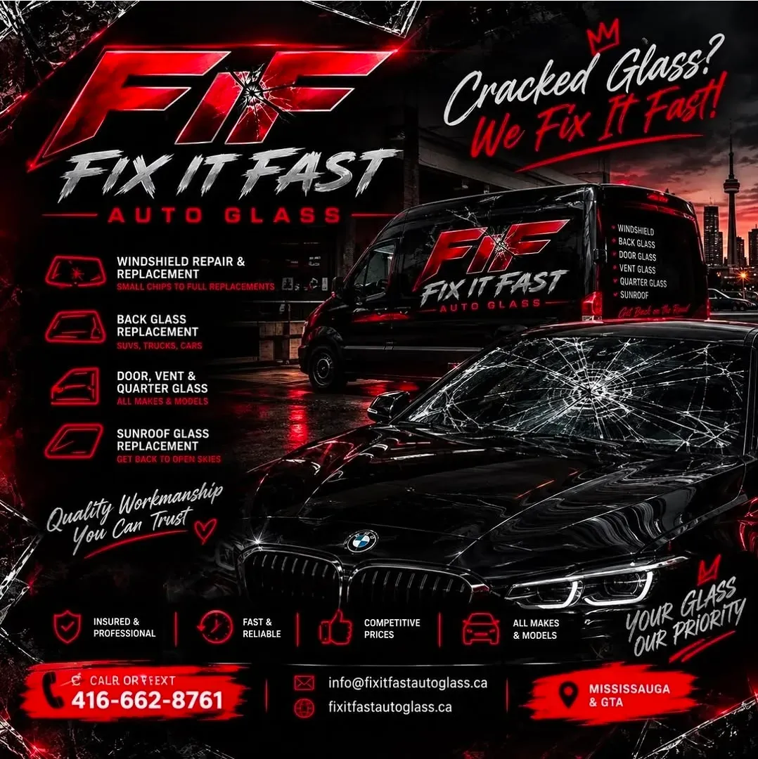 Fix It Fast Auto Glass business card: Cracked Glass? We Fix It Fast!
