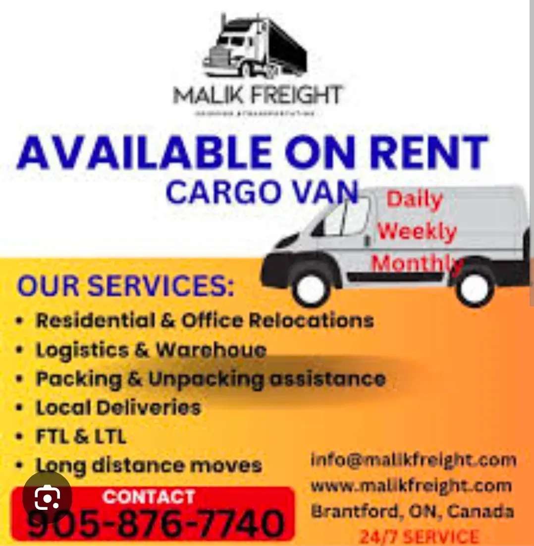 Malik Freight business card: Available on Rent Cargo Van