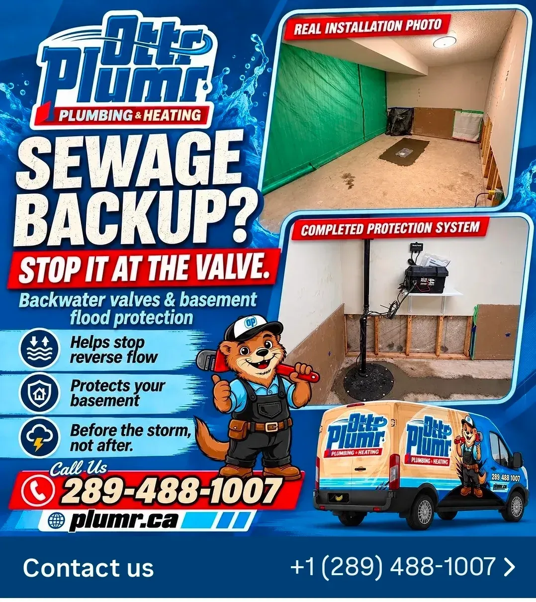 Ott Plumbr Plumbing & Heating business card: Sewage Backup? Stop it at the valve.
