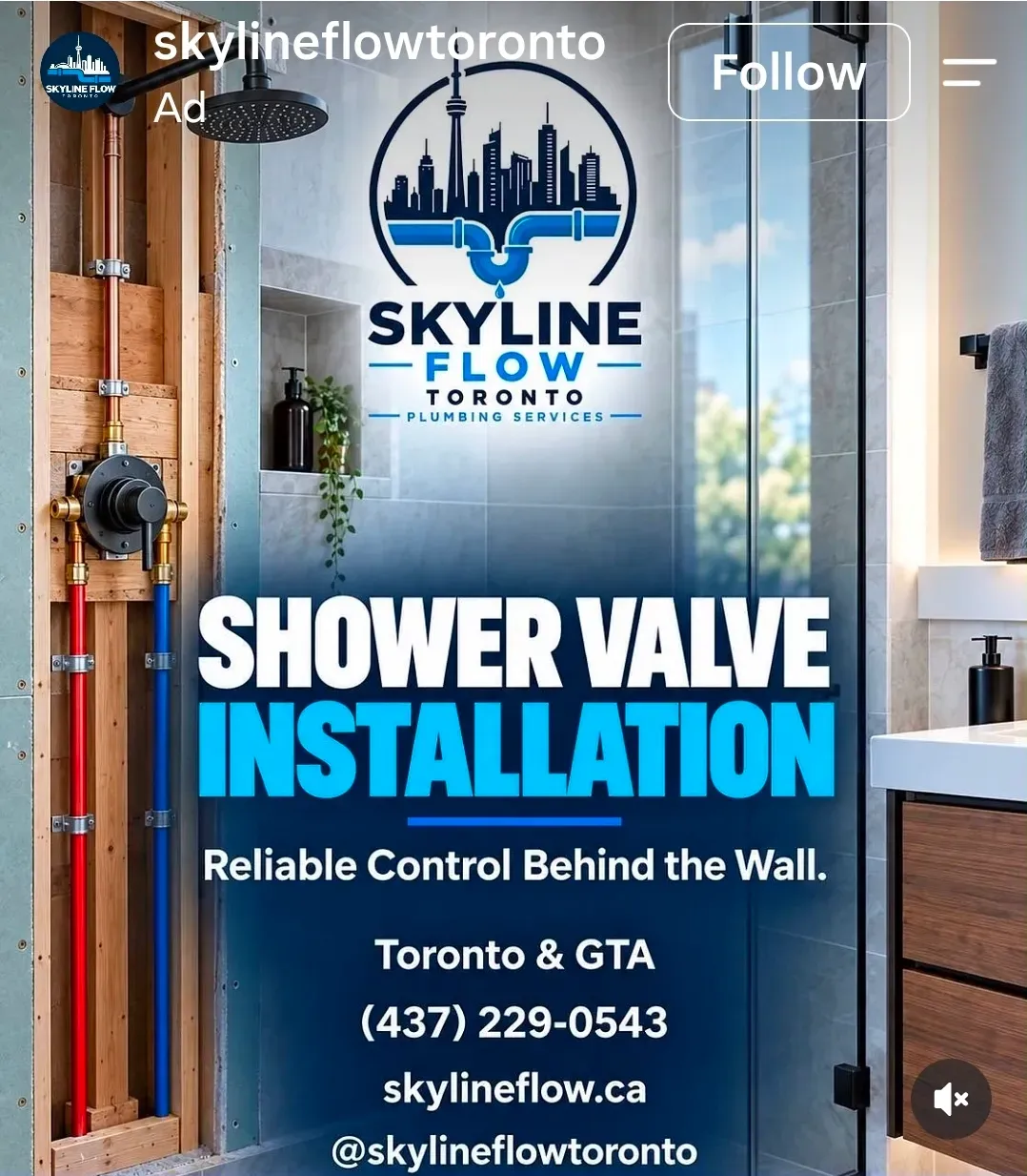 Skyline Flow Toronto Plumbing Services business card: Reliable Control Behind the Wall.
