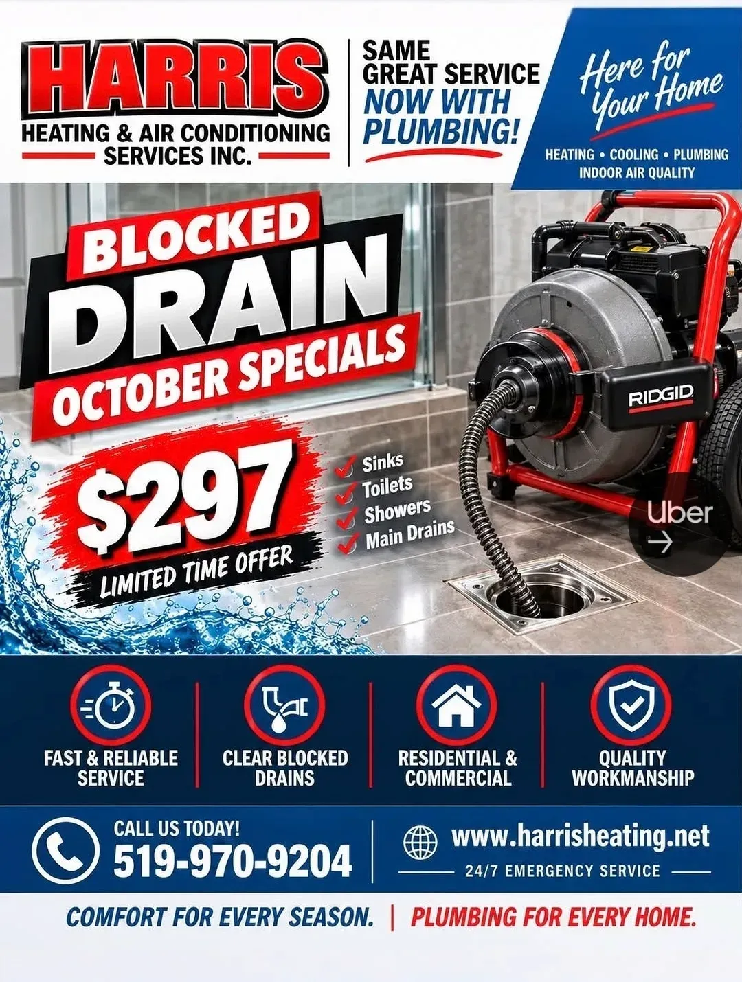Harris Heating & Air Conditioning Services Inc. business card: Same great service now with plumbing!