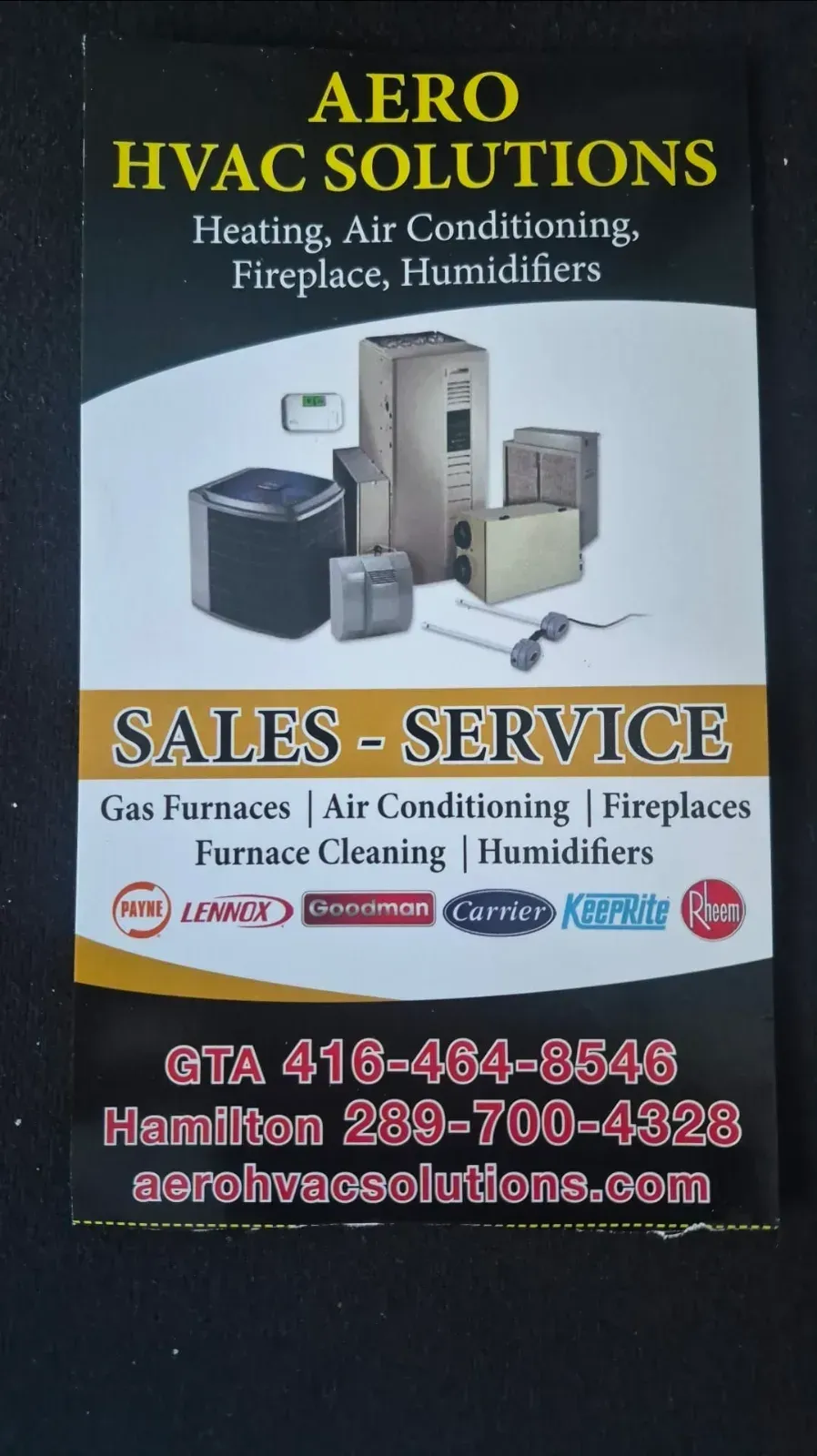 AERO HVAC SOLUTIONS business card: Heating, Air Conditioning, Fireplace, Humidifiers