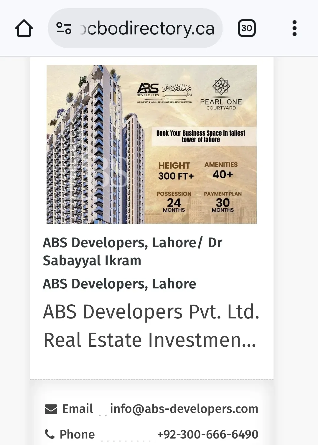 ABS Developers Pvt. Ltd. business card: Book Your Business Space in tallest tower of Lahore