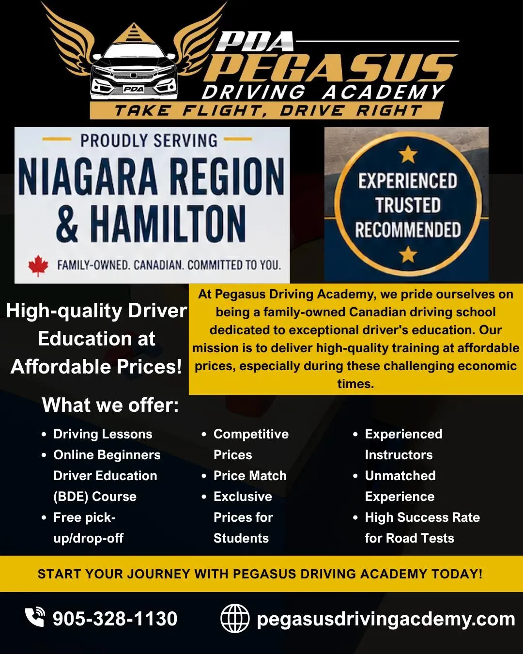 PDA Pegasus Driving Academy business card: Take Flight, Drive Right