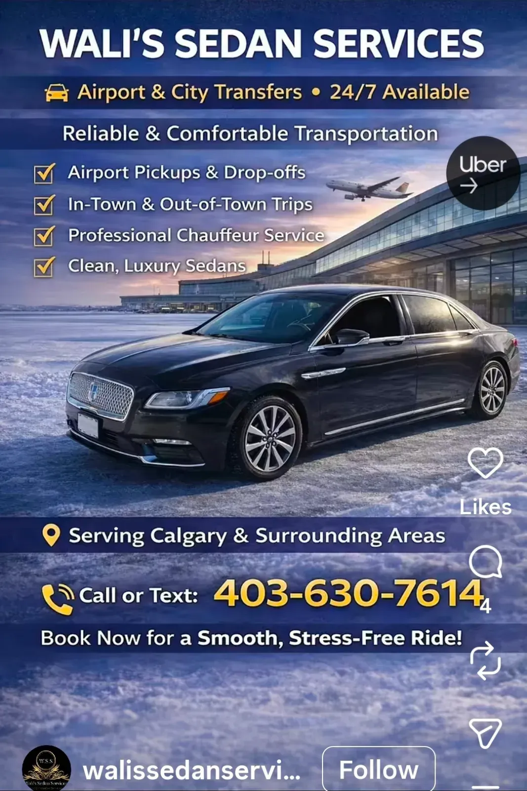 Wali's Sedan Services business card: Airport & City Transfers • 24/7 Available