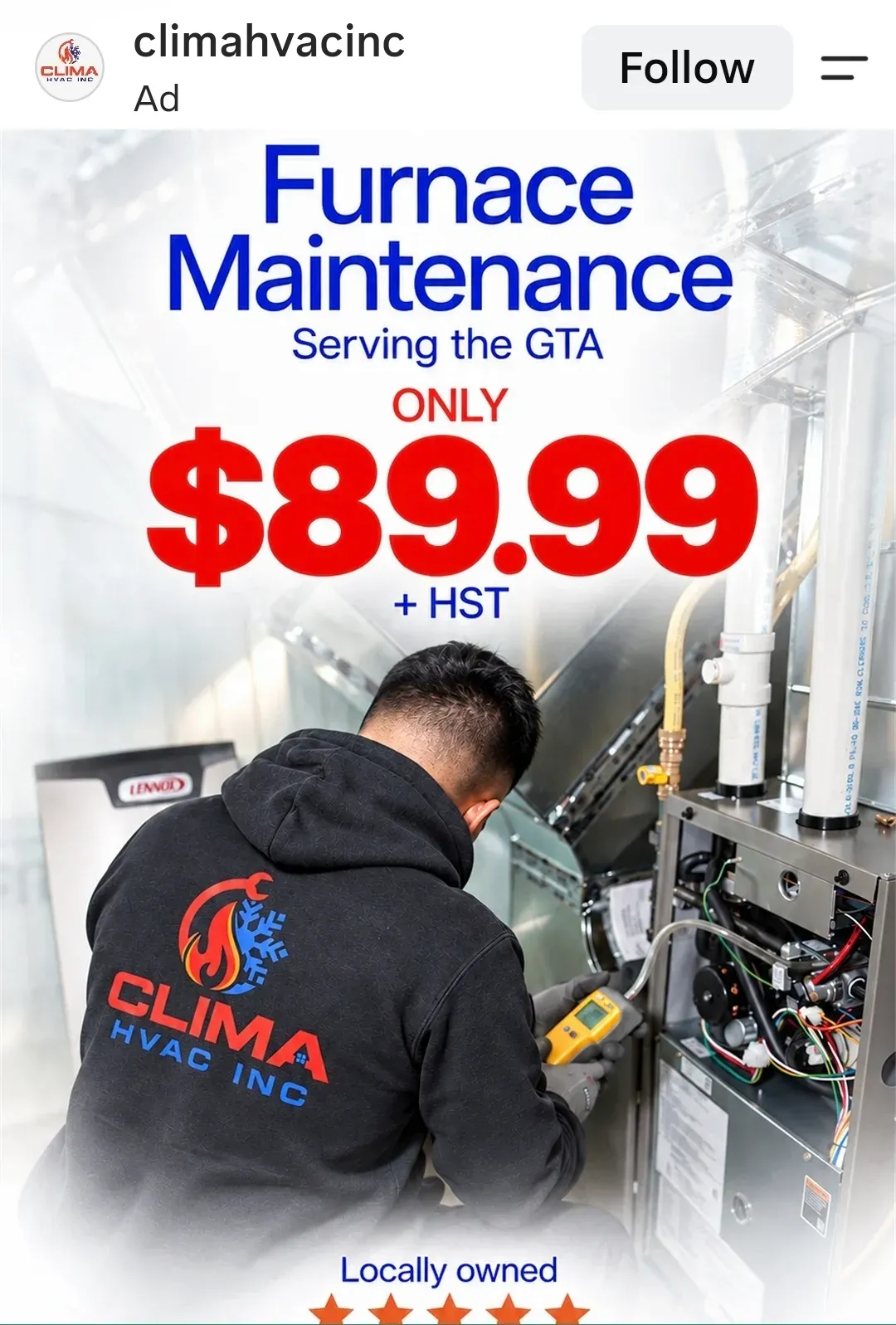 Clima HVAC Inc business card: Furnace Maintenance Serving the GTA