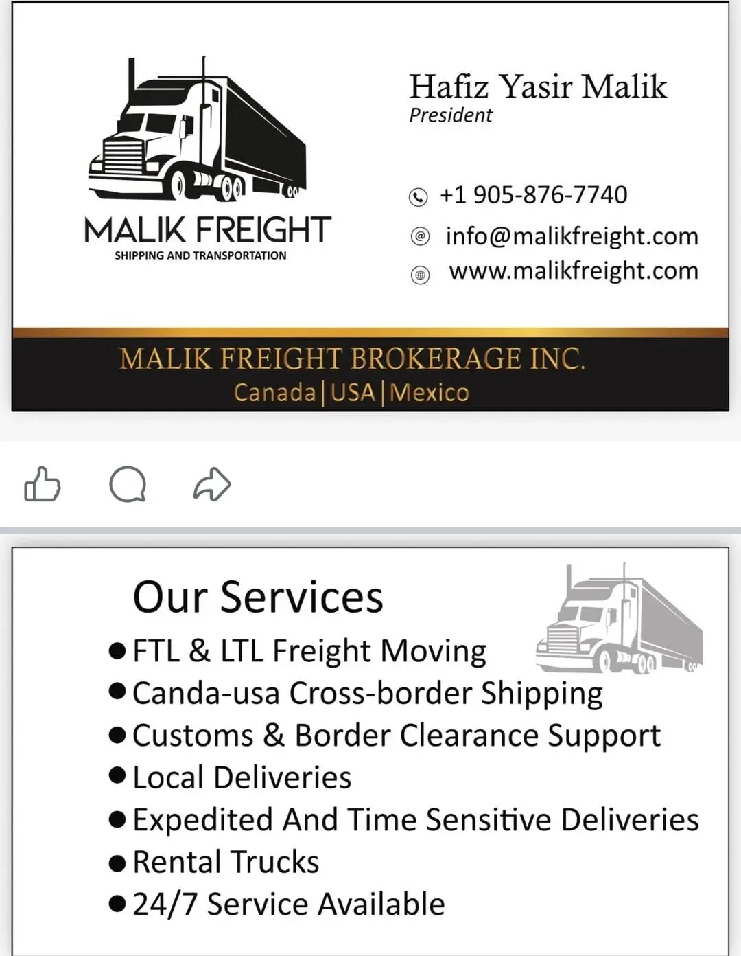 Malik Freight Brokerage Inc. business card: Shipping and Transportation