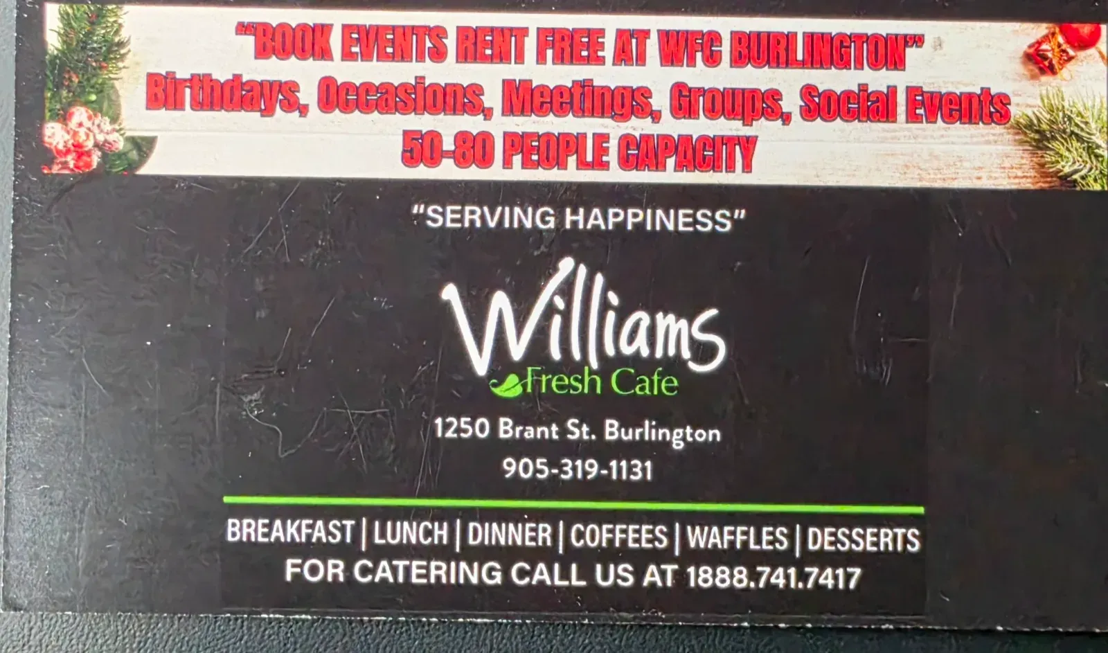 Williams Fresh Cafe business card: Serving Happiness