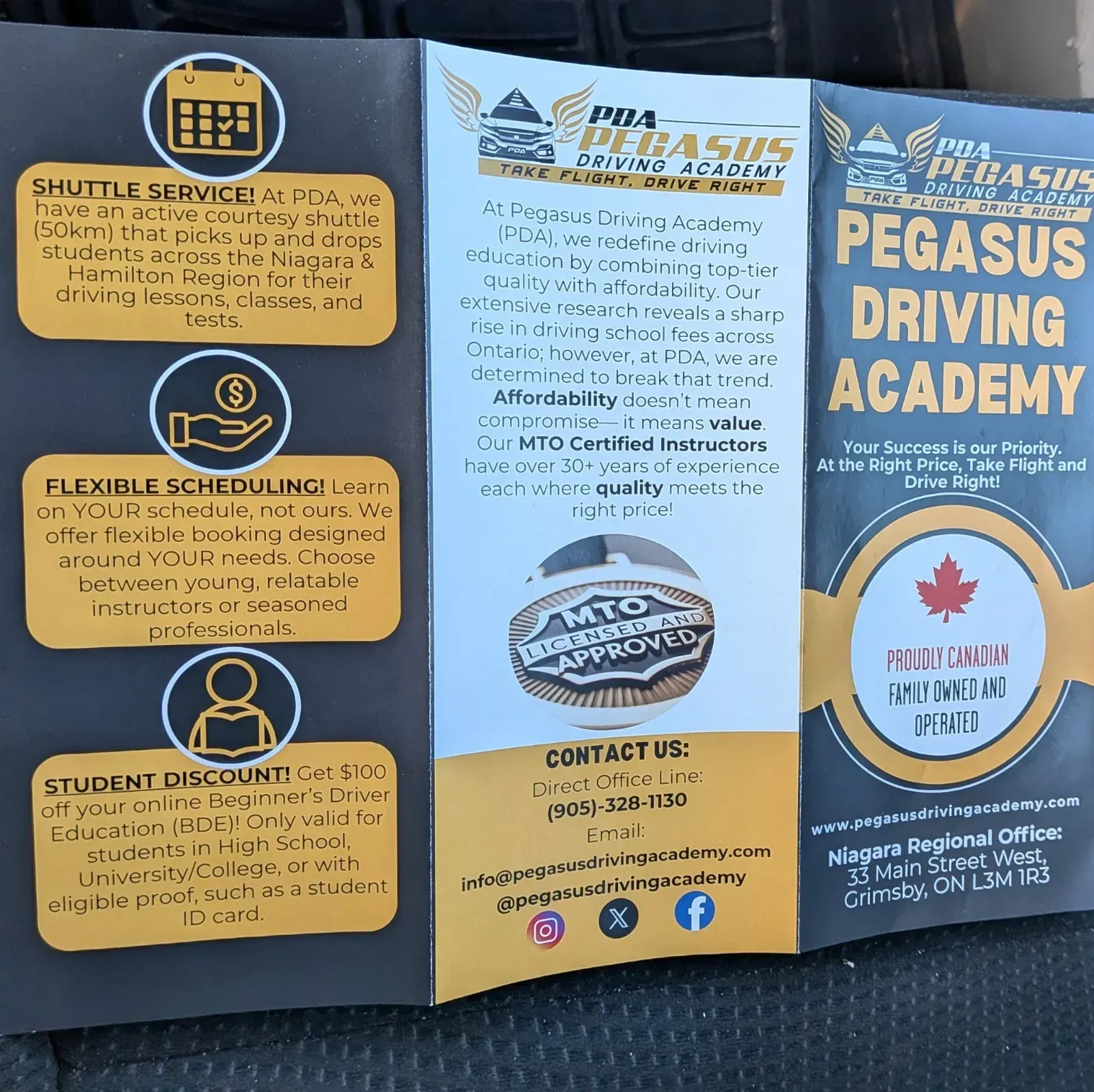 Pegasus Driving Academy business card: Your Success is our Priority. At the Right Price, Take Flight and Drive Right!