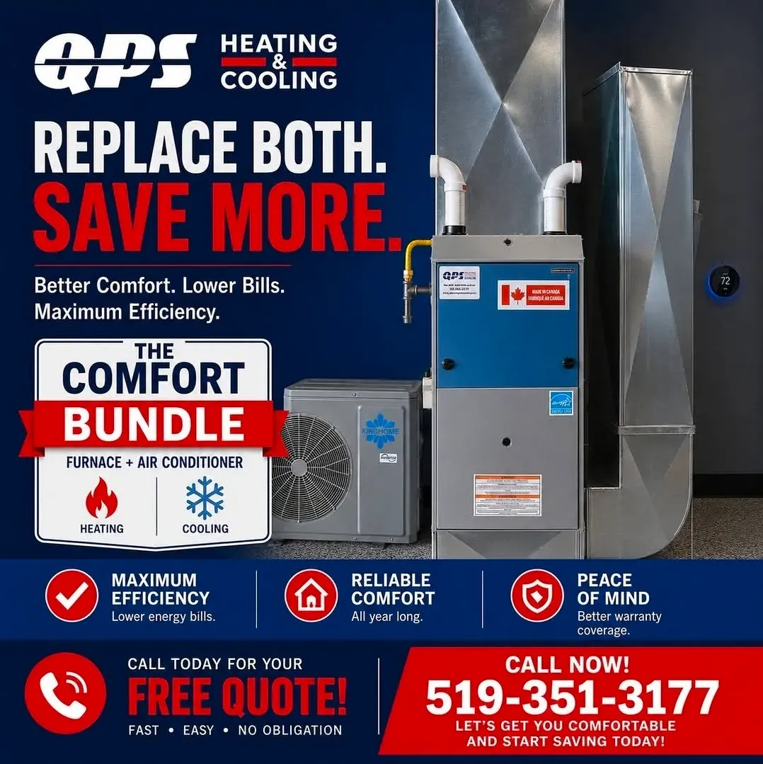 QPS Heating & Cooling business card: Replace Both. Save More.