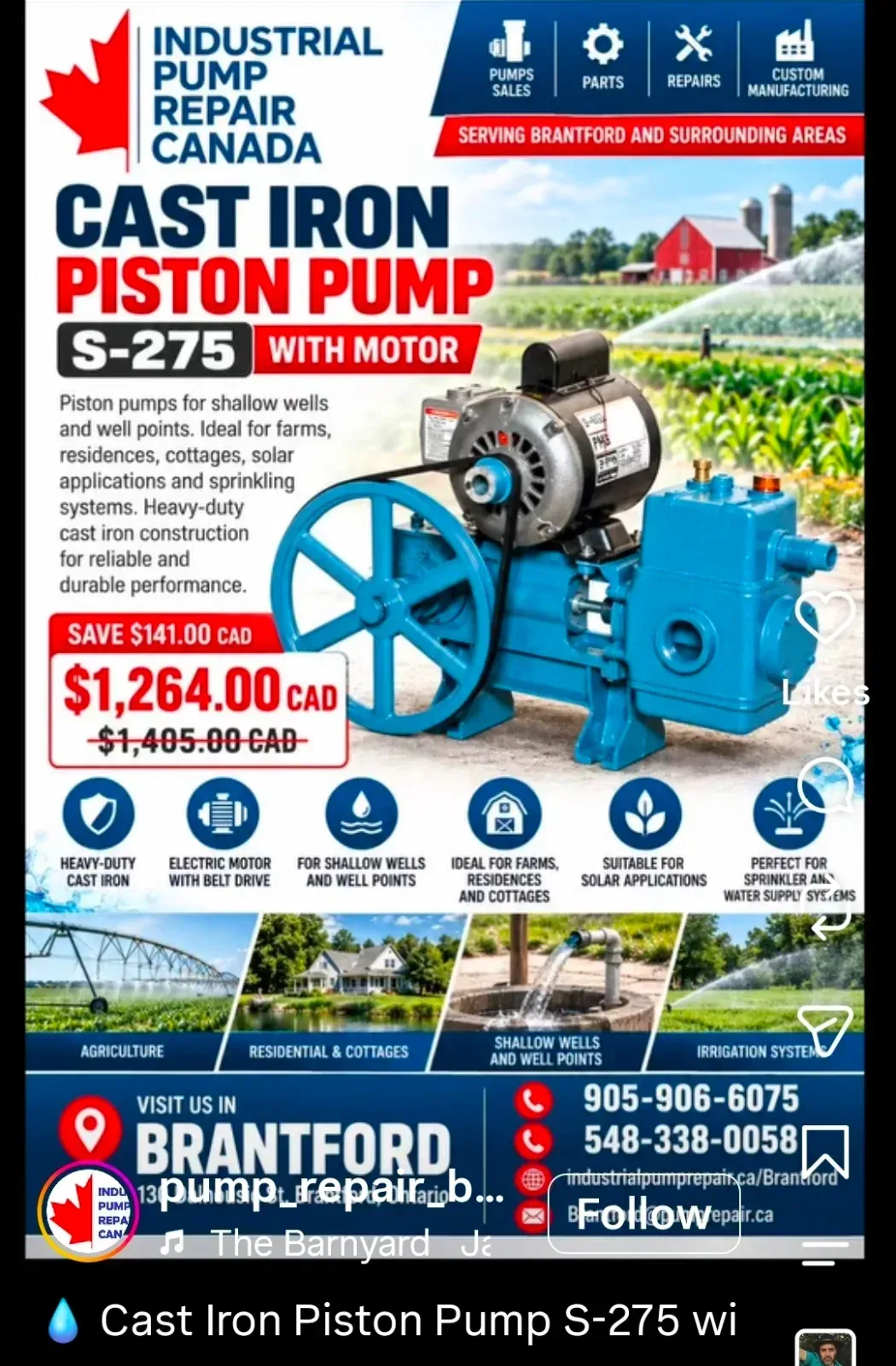Industrial Pump Repair Canada business card: Cast Iron Piston Pump S-275 with Motor