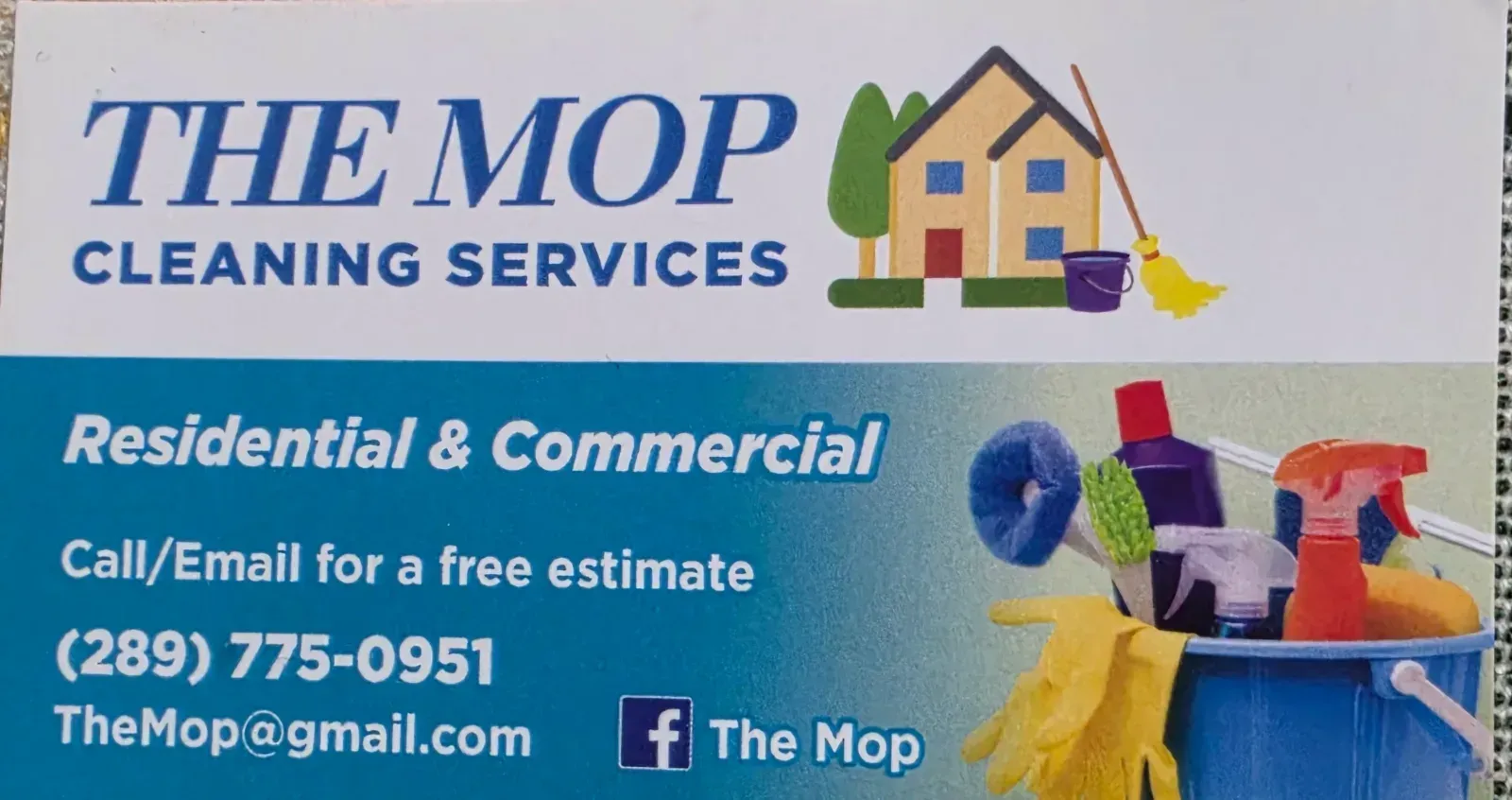 THE MOP CLEANING SERVICES business card: Residential & Commercial