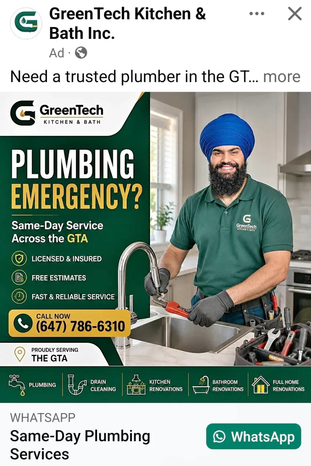 GreenTech Kitchen & Bath Inc. business card: Same-Day Service Across the GTA