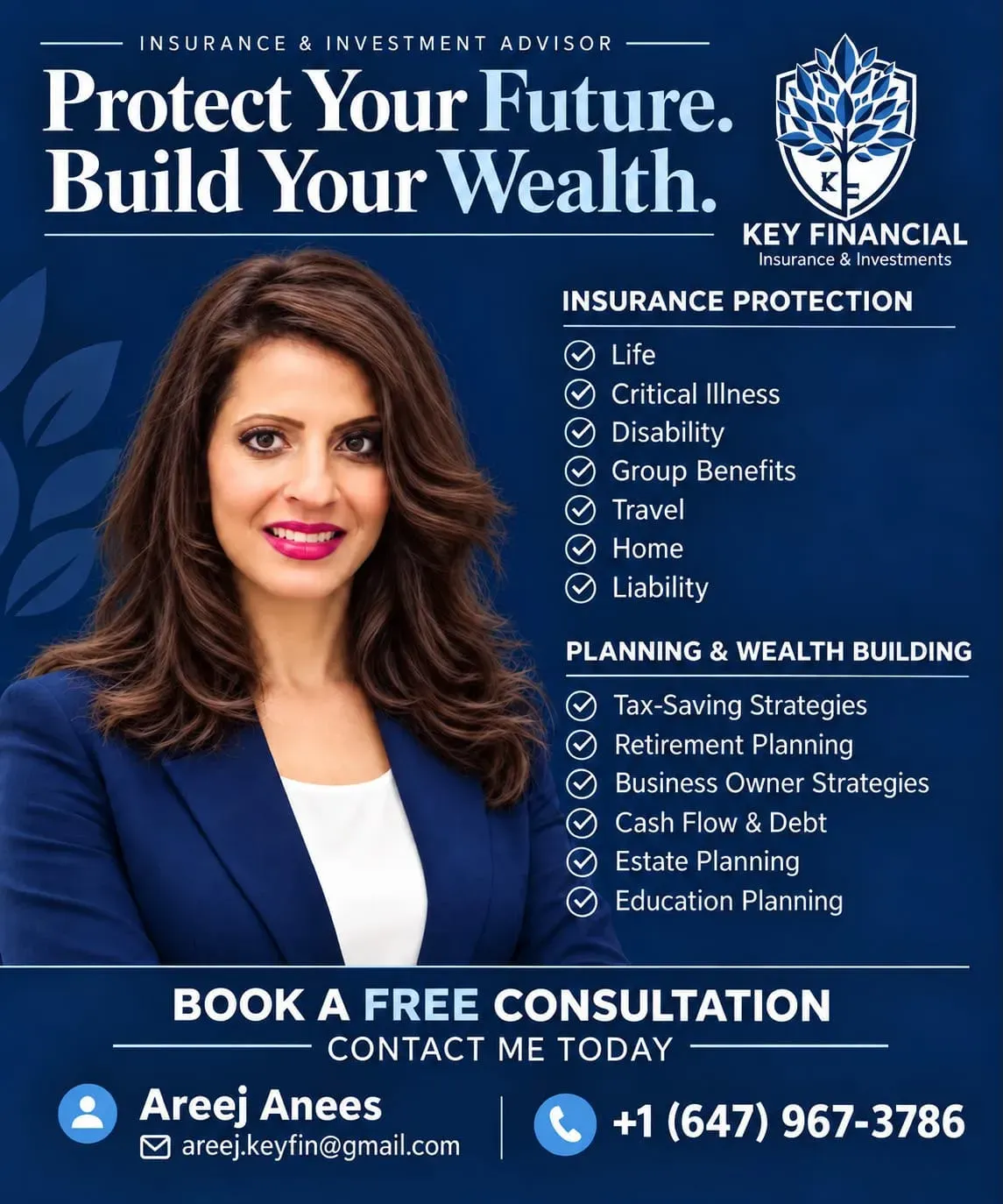 Key Financial business card: Protect Your Future. Build Your Wealth.