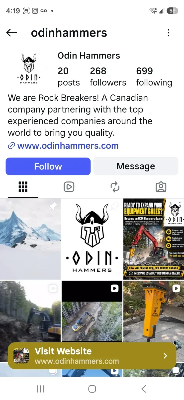 Odin Hammers business card: We are Rock Breakers! A Canadian company partnering with the top experienced companies around the world to bring you quality.