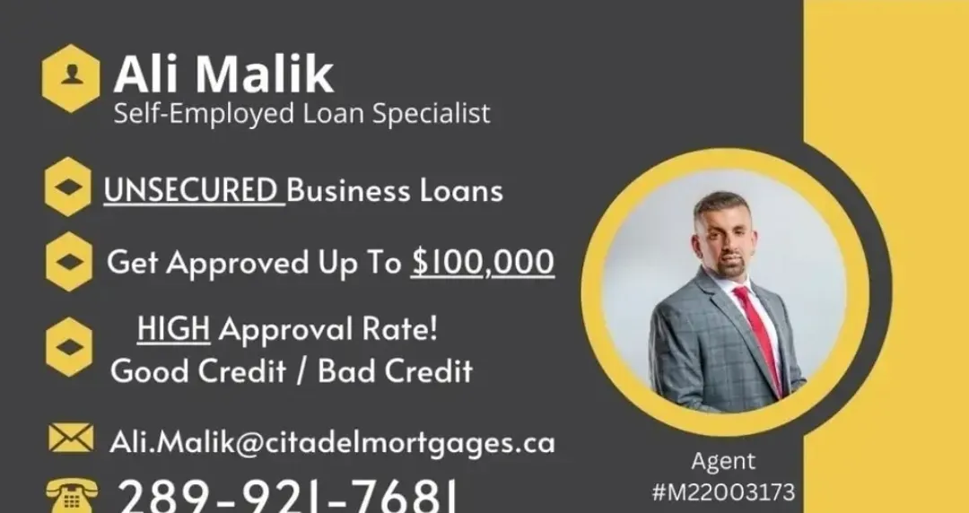 Ali Malik Loan Specialist business card: Self-Employed Loan Specialist