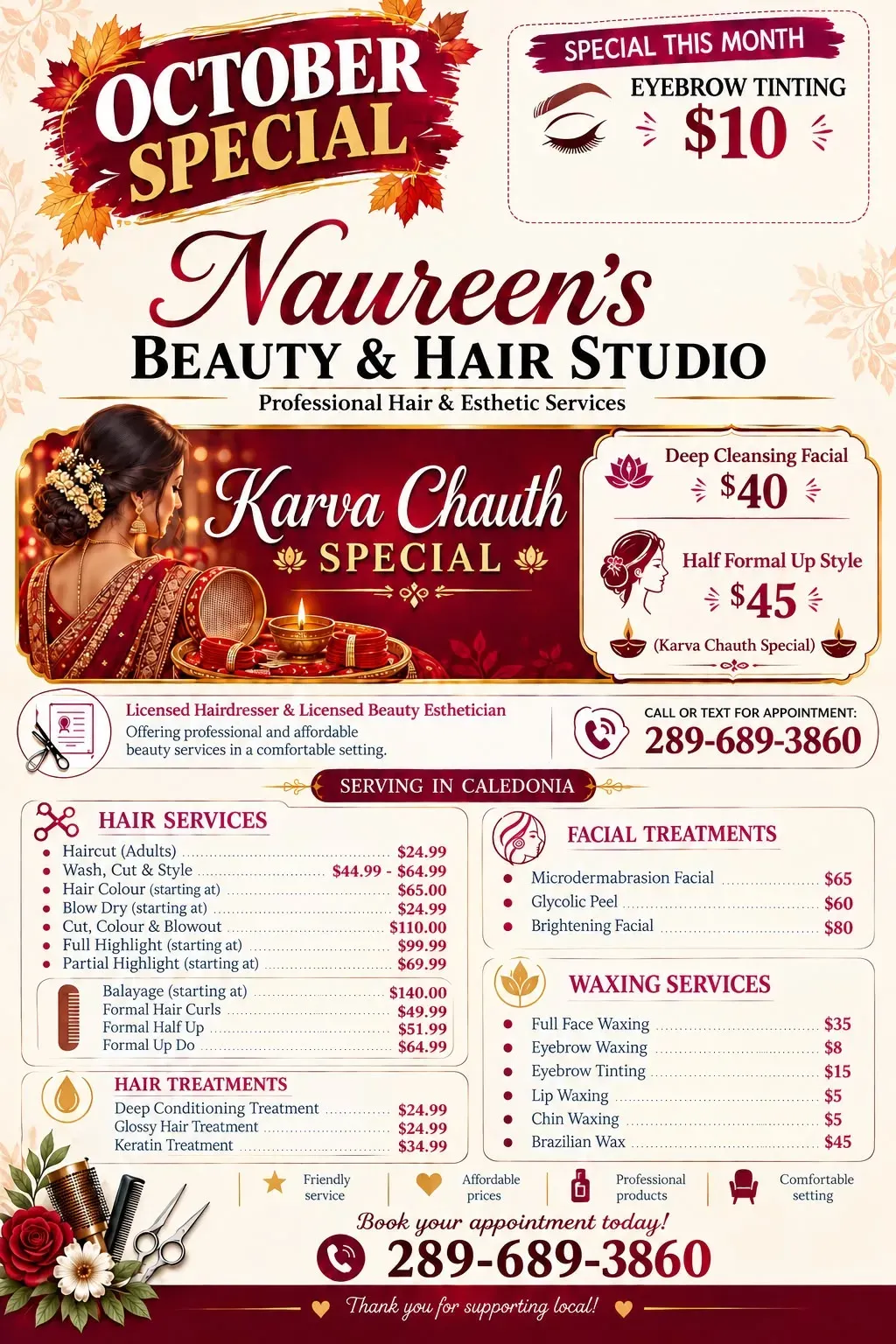 Naureen's Beauty & Hair Studio business card: Professional Hair & Esthetic Services