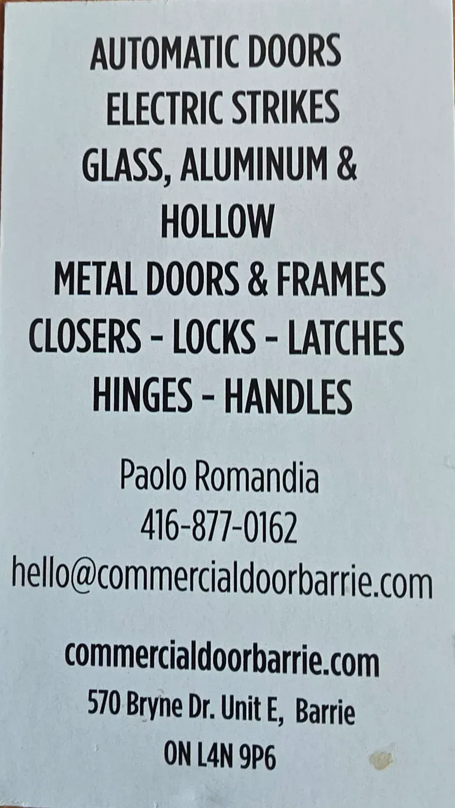 Commercial Door Barrie business card